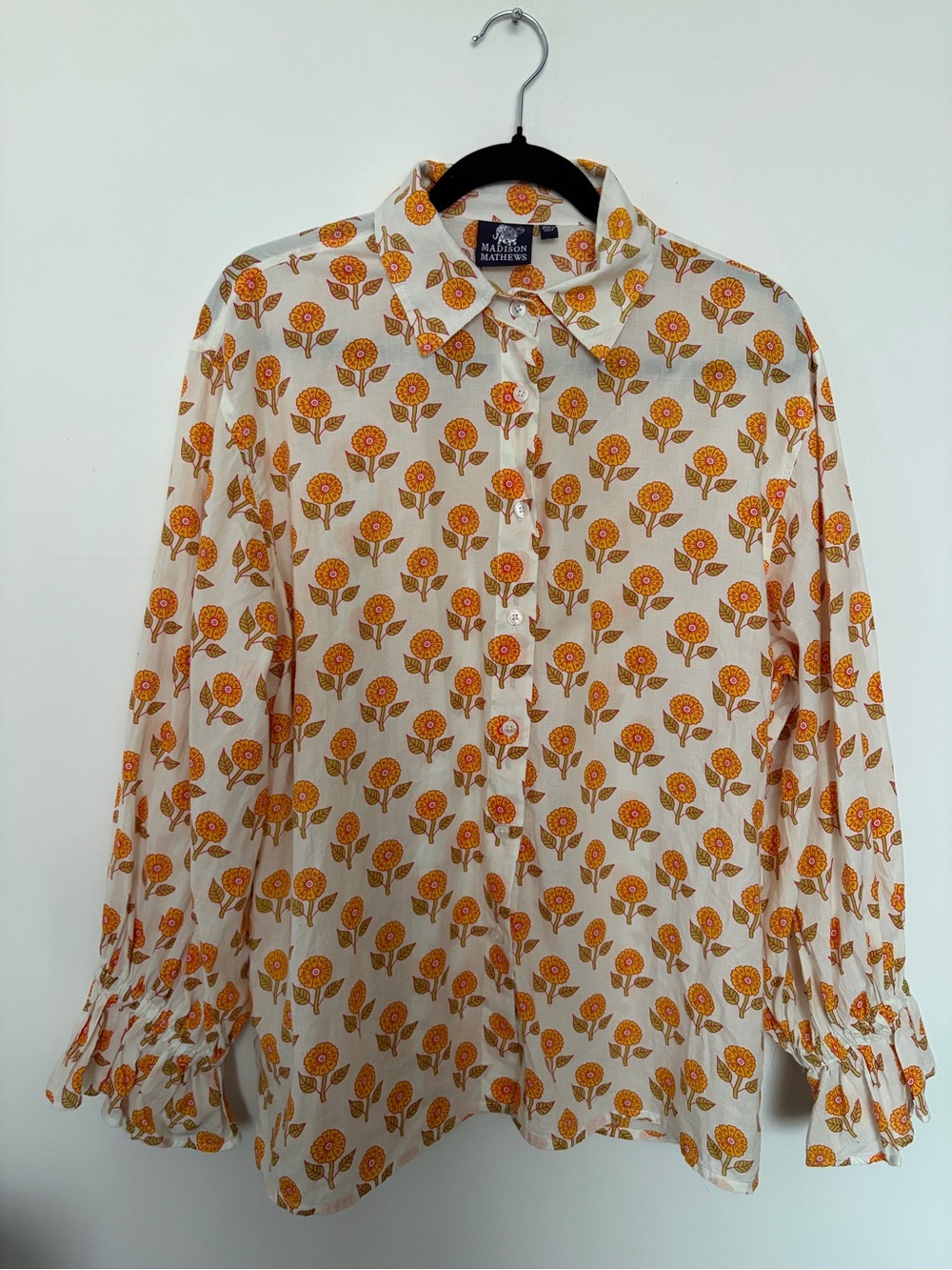 Madison Mathews Button-Down Shirt with Orange Floral Print Ruffled cuff- O/S